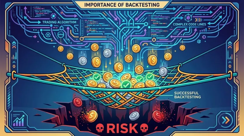 스테이블코인 자동매매 백테스팅: 알고리즘, 돈, 리스크 그물망 3D 삽화