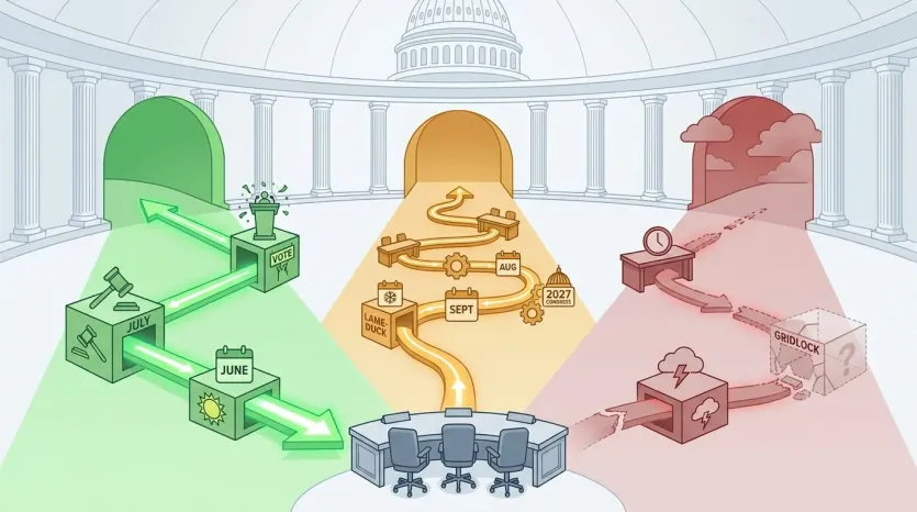 미 의회에서 클래리티 법안 통과 일정을 6월·8월·교착 시나리오로 비교한 도식