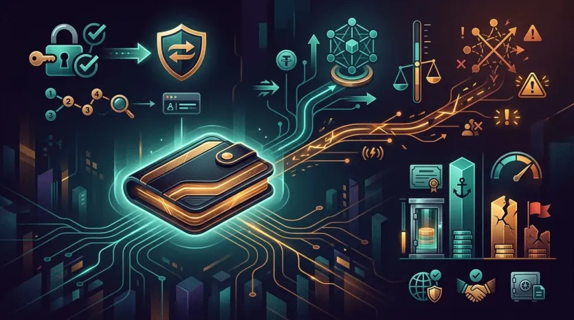 USDT 송금 실수 방지를 위한 3D 인포그래픽. 청록색과 황갈색 대비의 대형 지갑, 네트워크 보안 및 리스크 지표가 강조된 프리미엄 다크 스타일 이미지.