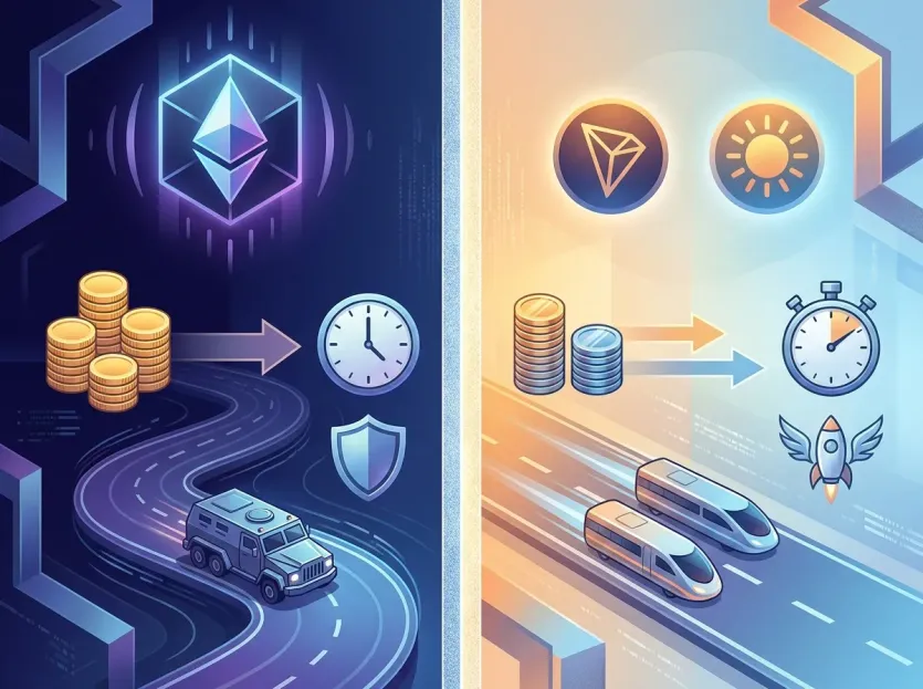 이더리움(고비용·보안)과 트론·솔라나(저비용·속도) 메인넷의 USDT 전송 특징을 도로와 차량으로 대비한 일러스트.