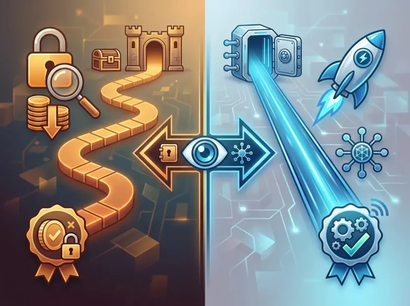 보안을 상징하는 금색 성과 속도를 뜻하는 파란 로켓이 대비된 USDT 송금 네트워크 선택 기준 비교 일러스트