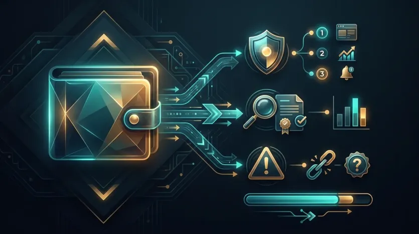 스테이블코인 준비금 확인을 위한 3가지 체크포인트를 시각화한 다크 톤의 입체 인포그래픽. 대형 지갑과 보안·감사·리스크를 상징하는 아이콘이 비대칭으로 구성됨.