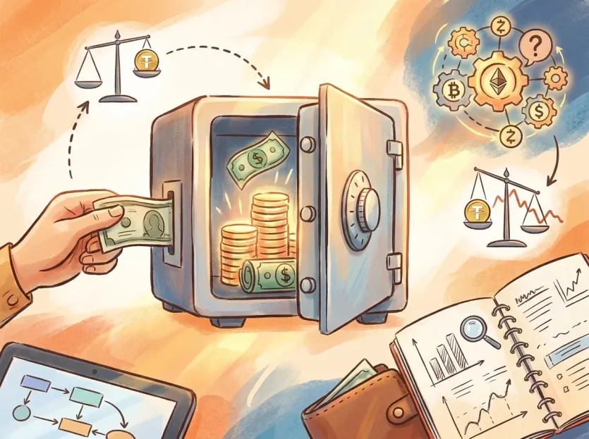 금고 속 달러와 암호화폐 기어로 스테이블코인 담보 모델별 가치 유지 원리를 설명한 편집형 일러스트