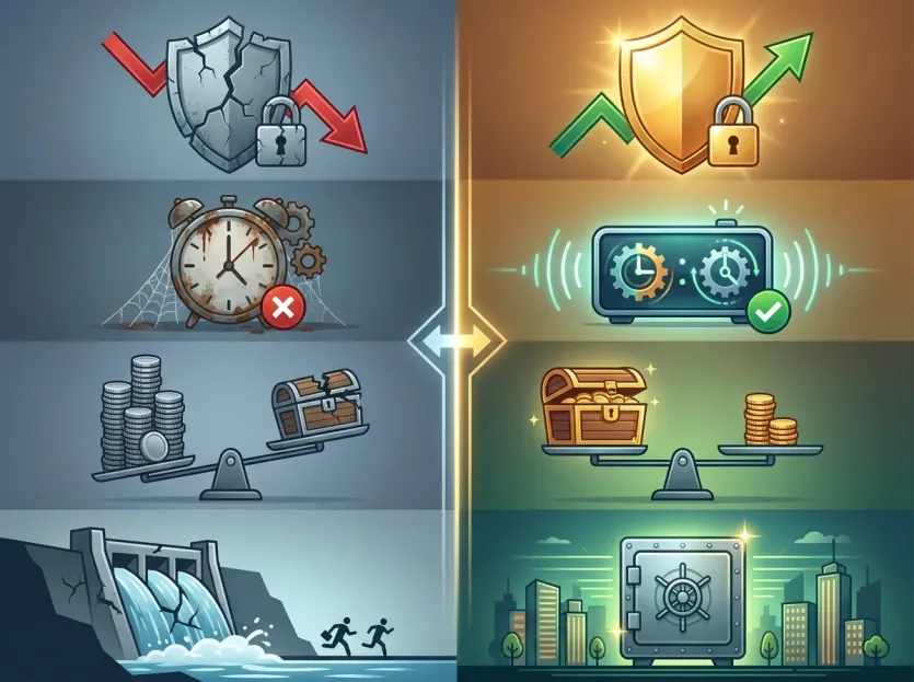 스테이블코인 준비금 신뢰도 비교 일러스트. 불투명한 위험과 실시간 공시 기반의 자산 안전성을 대조적인 아이콘으로 시각화함.