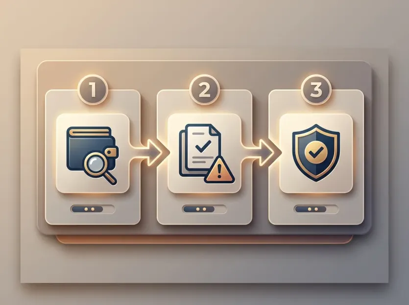 내 자산을 지키는 실전 체크포인트 3가지를 지갑, 보고서, 방패 아이콘으로 표현한 3D 입체 체크리스트 다이어그램