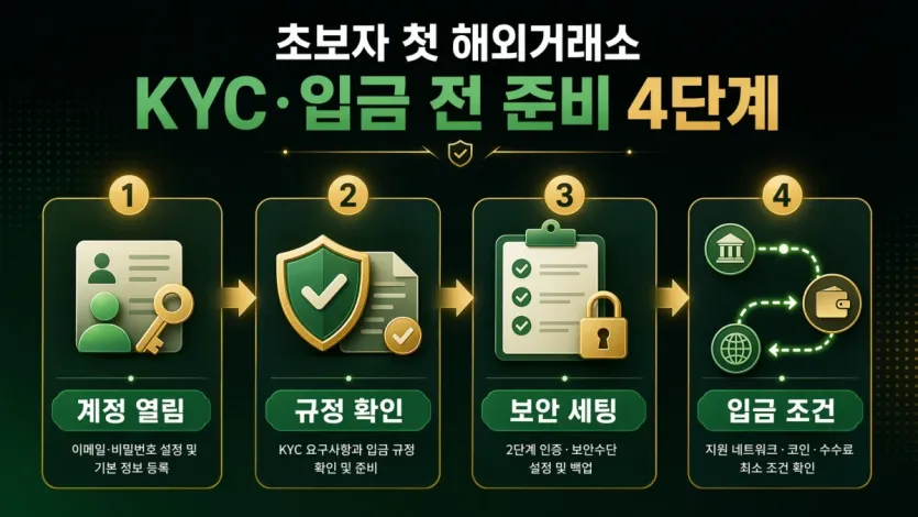 계정 상태, 규정 확인, 보안 설정, 입금 조건을 4단계로 정리한 이미지