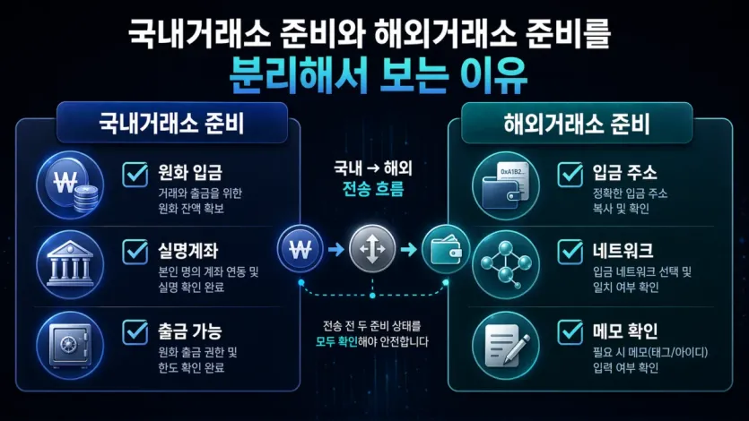 국내거래소 준비와 해외거래소 준비 항목을 나눠 보여주는 이미지