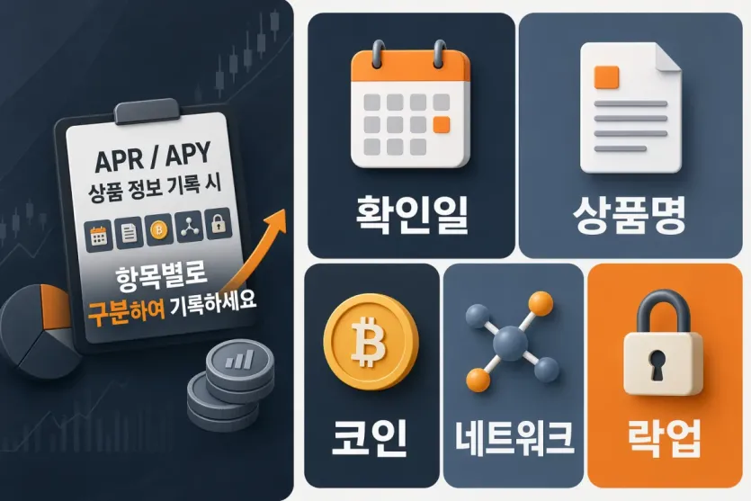 확인일, 상품명, 코인, 네트워크, 락업 기간을 분리해 기록하는 체크 이미지