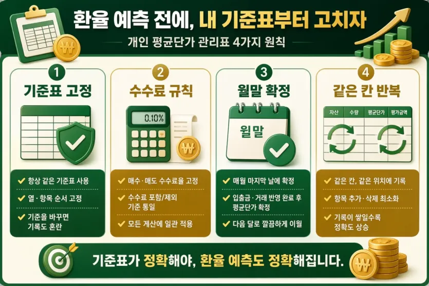 환율 전망보다 먼저 평균단가 기록 기준표를 고정하는 핵심 요소를 정리한 이미지