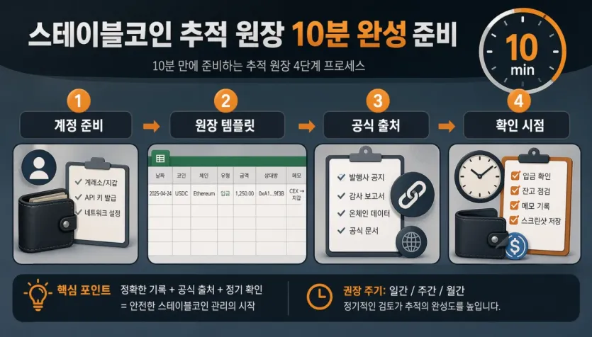 평균단가 기록을 시작하기 전 계정과 원장 템플릿, 공식 출처, 확인 시점 준비 흐름을 보여주는 이미지