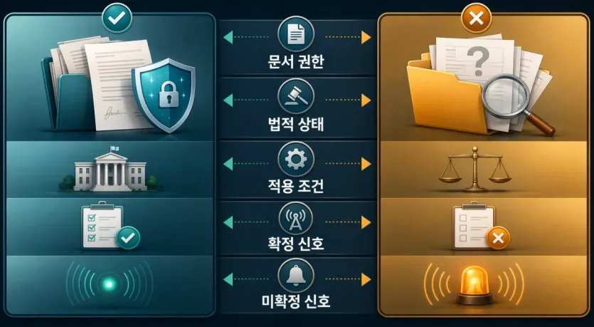 문서 권한, 법적 상태, 적용 조건으로 확정 여부를 나누는 기준을 보여주는 이미지