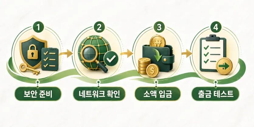 디파이 예치 시작 전 보안 준비, 네트워크 확인, 소액 입금, 출금 테스트 순서를 정리한 이미지