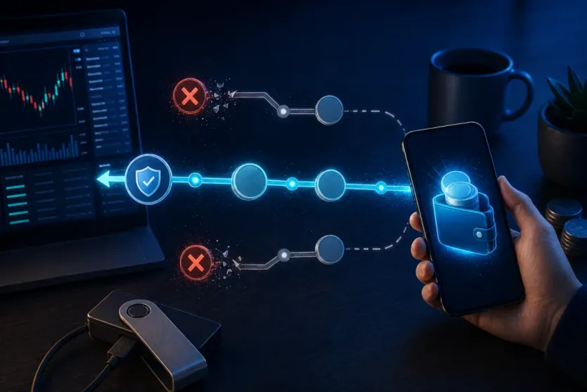 USDT 송금 전에 올바른 네트워크 경로만 선택해 테스트 전송으로 확인하는 장면형 이미지