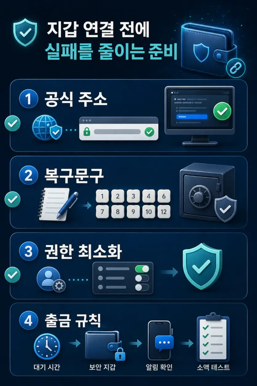 지갑 연결 전에 공식 주소, 복구문구, 권한 최소화, 출금 규칙을 점검하는 준비 항목을 보여주는 이미지