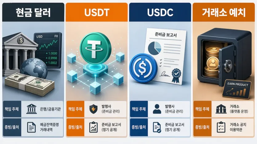 현금 달러와 USDT, USDC, 거래소 예치의 책임 주체와 증빙 출처를 비교한 이미지