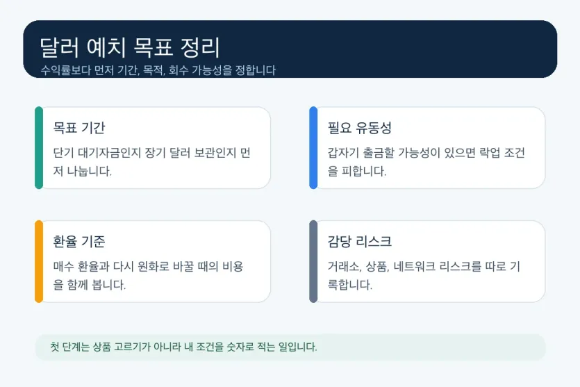 달러 예치 전에 목표 기간, 유동성, 환율 기준, 리스크를 정리하는 인포그래픽
