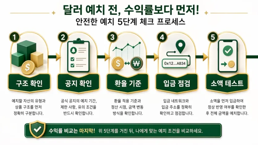 달러 예치 전 구조 확인부터 소액 테스트까지 점검 순서를 보여주는 인포그래픽