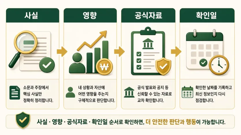 달러 예치 이슈를 사실, 영향, 공식자료, 확인일 순서로 나눠 읽는 비교 이미지