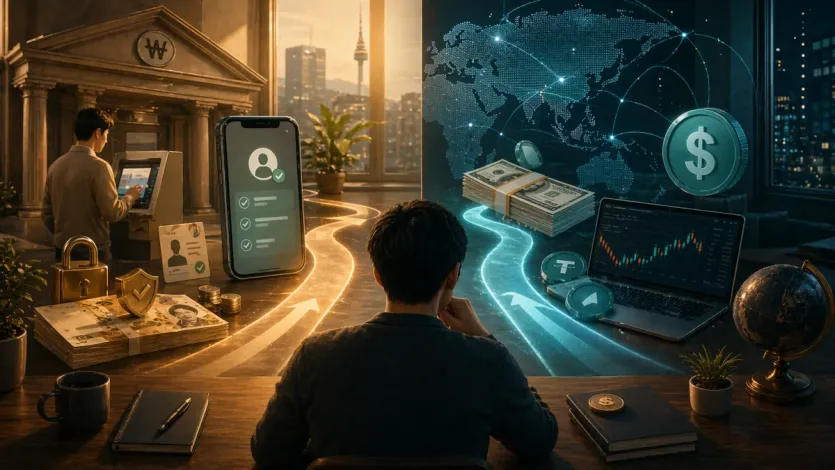 원화 온램프 준비와 달러 보유자의 해외 직접 매수 장면을 나란히 보여주는 이미지