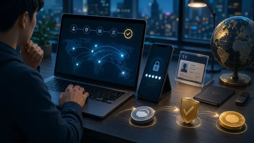 해외거래소 가입 준비에서 계정 생성과 보안 확인, 송금 경로 점검의 흐름을 보여주는 대표 이미지