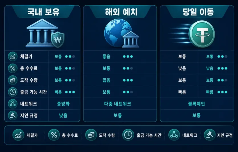 국내 보유와 해외 예치, 당일 이동 기준을 비교해 최종 도착 수량을 판단하는 이미지