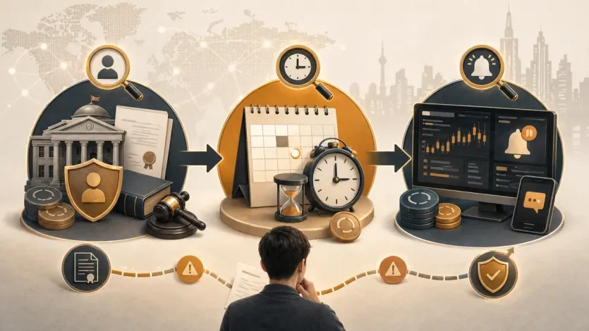 뉴스를 보기 전 대상과 시점, 거래소 공지를 차례로 점검하는 흐름 이미지