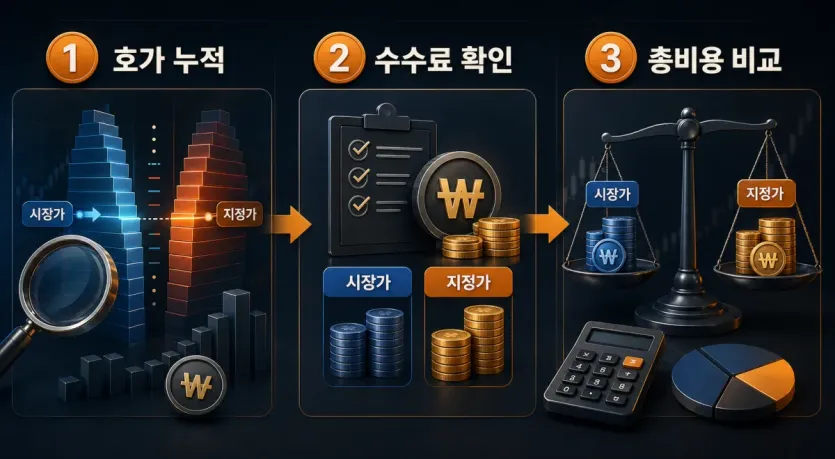 호가 누적과 수수료 확인, 총비용 비교 순서를 짧은 라벨로 정리한 이미지