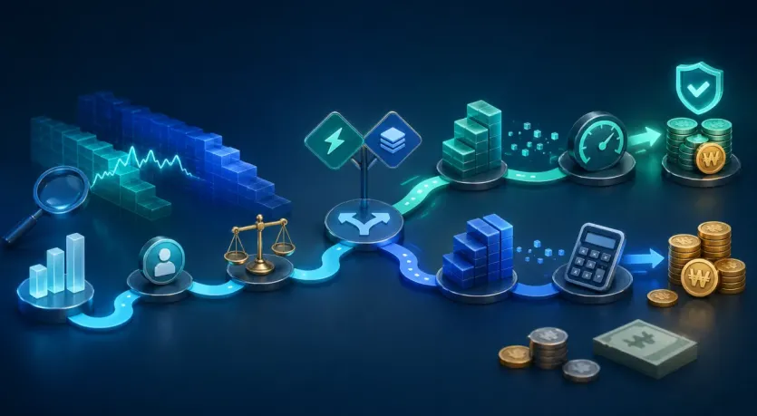 주문 방식이 비용을 바꾸는 순간을 경로와 계산 도구로 압축한 이미지