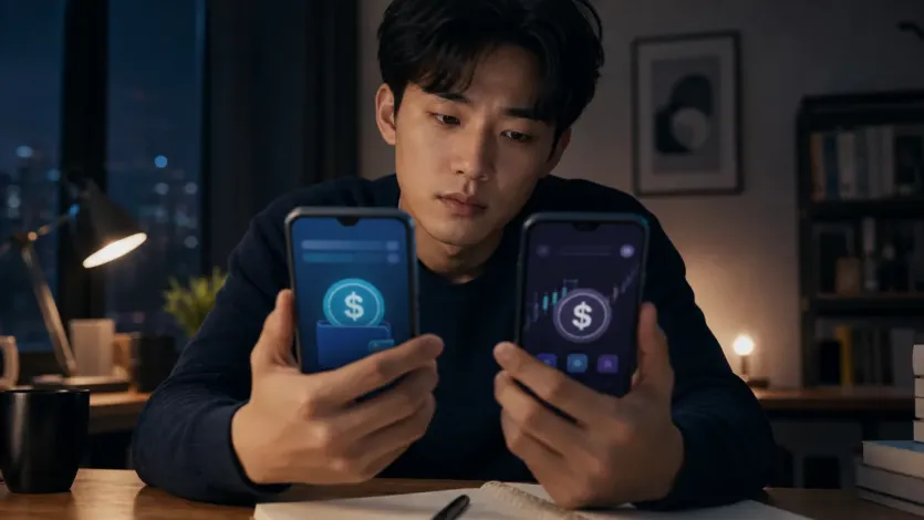 페이팔 앱의 PYUSD와 거래소의 USDC를 비교하며 고민하는 장면