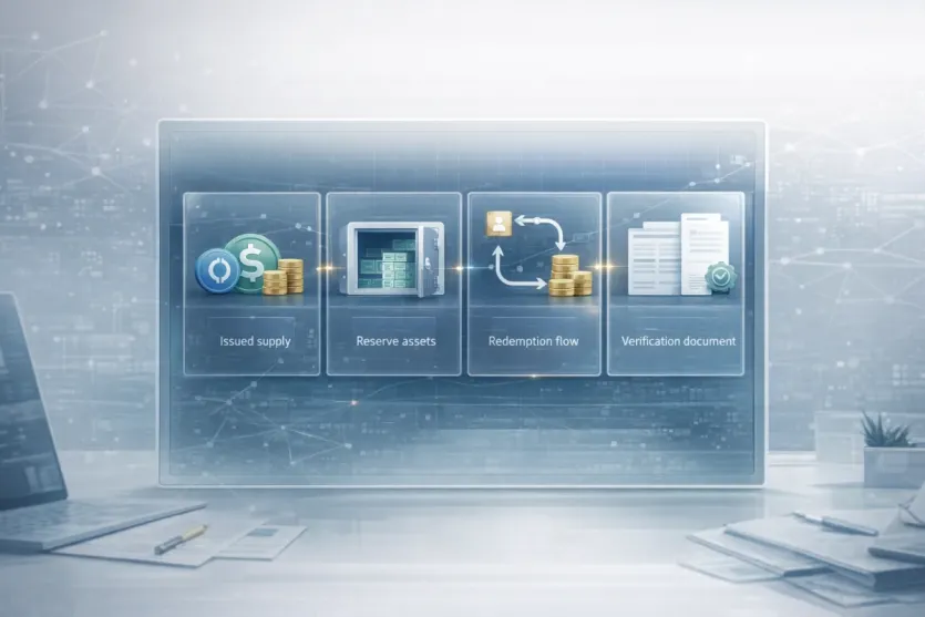 스테이블코인 준비금 공시를 읽기 위한 발행량, 준비금, 상환 구조, 검증 문서 개념도