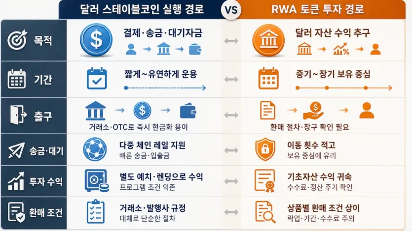 실행 목적과 기간, 출구 기준으로 달러 스테이블코인과 RWA 토큰을 비교한 이미지
