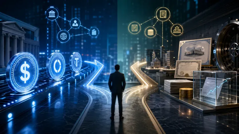 RWA 토큰과 달러 스테이블코인의 상환권과 유동성 경로 차이를 보여주는 대표 이미지