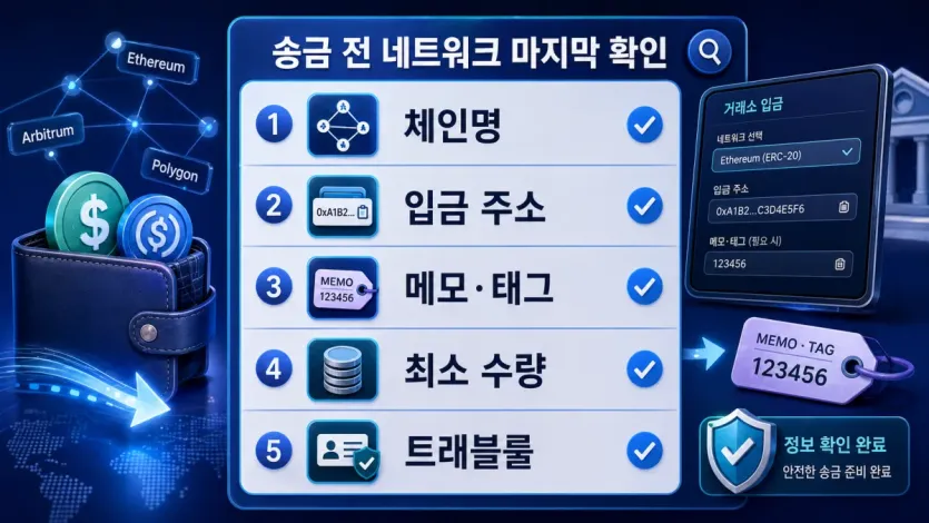 송금 전 체인명과 입금 주소, 메모와 최소 수량, 트래블룰을 확인하는 체크리스트 이미지