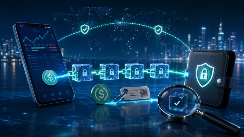 지갑 주소와 네트워크, 소액 테스트 확인 흐름을 보여주는 대표 이미지