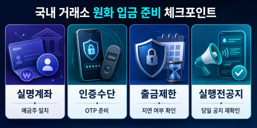 국내 거래소 원화 입금 전에 실명계좌와 인증수단, 출금 제한, 공지를 점검하는 이미지