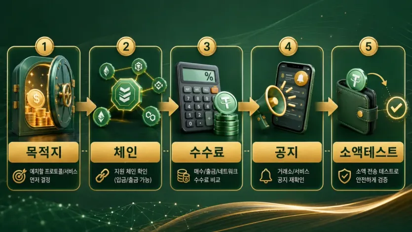 예치 목적지부터 체인, 수수료, 공지, 소액 테스트까지 먼저 점검할 순서를 정리한 이미지