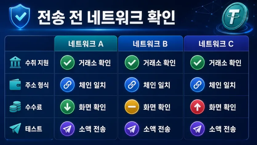USDT 전송 전 네트워크별 확인 항목을 짧게 비교한 인포그래픽