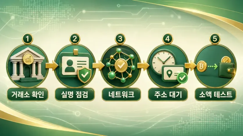 출금 전에 거래소 확인부터 소액 테스트까지 순서를 정리한 흐름 이미지