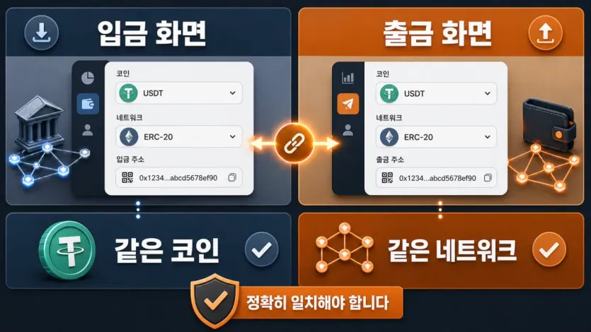 입금 화면과 출금 화면에서 같은 코인과 네트워크를 맞추는 기준을 보여주는 이미지