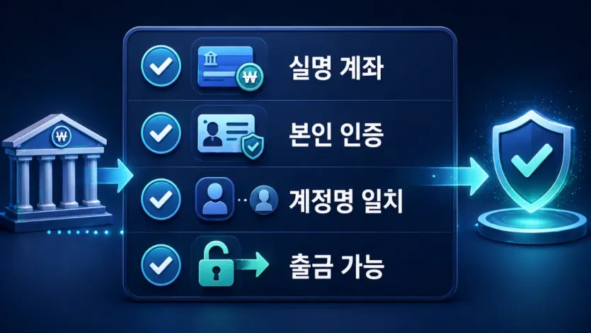 국내 거래소 원화 입금 전 실명 계좌와 본인 인증, 계정명 일치 여부를 점검하는 이미지