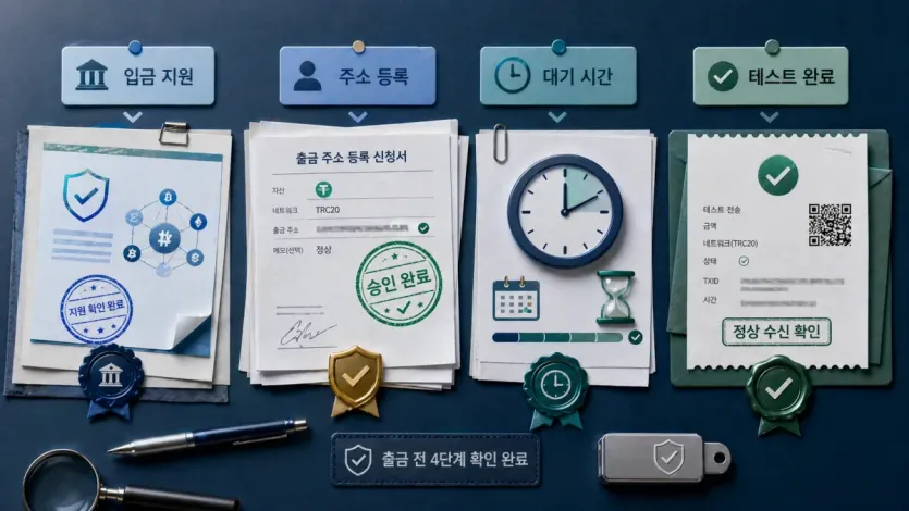 출금 버튼 전에 입금 지원과 주소 등록, 대기 시간, 테스트 완료 여부를 확인하는 이미지