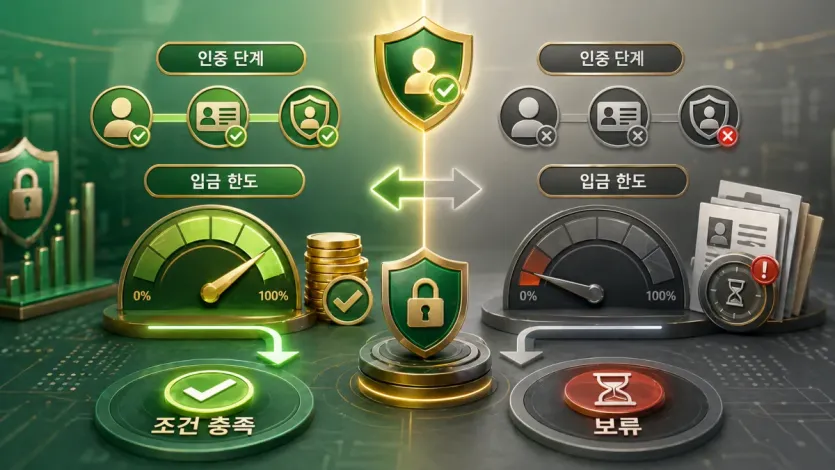 KYC 인증 단계와 입금 한도 조건 충족 여부에 따라 송금을 보류하거나 진행하는 기준을 보여주는 이미지