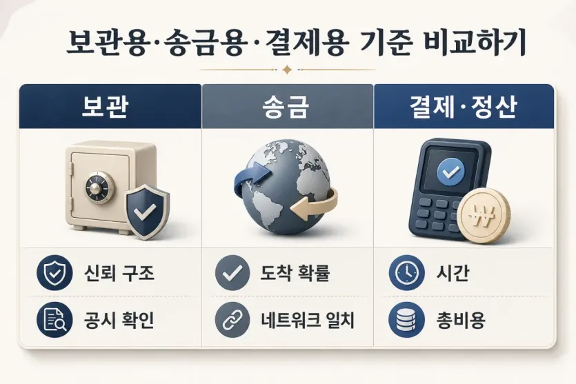보관, 송금, 결제·정산에서 먼저 볼 기준을 비교한 인포그래픽 이미지