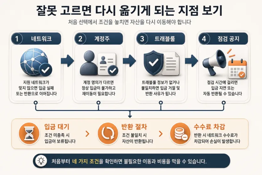 네트워크와 계정 조건을 놓치면 다시 이동하게 되는 경로를 정리한 인포그래픽 이미지
