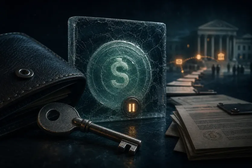 USDT 동결 뉴스를 지갑 열쇠와 얼어붙은 토큰으로 보여주는 그래픽아트