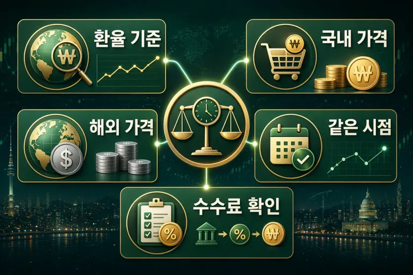 환율 기준, 국내 가격, 해외 가격, 같은 시점, 수수료 확인을 한 번에 정리한 비교 이미지