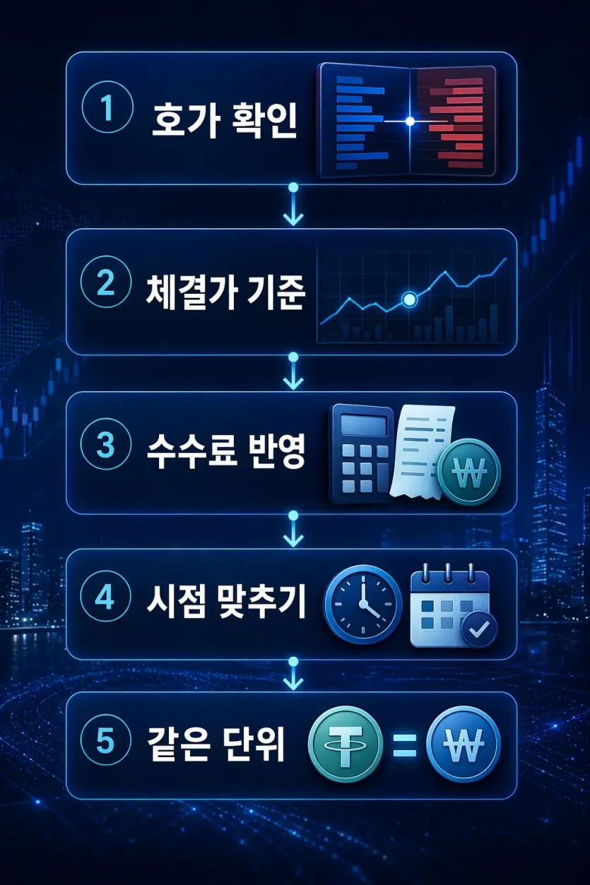 호가 확인부터 체결가 기준, 수수료 반영, 시점 맞추기까지 순서를 보여주는 절차 이미지