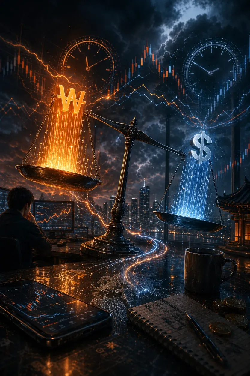 환율 기준이 흔들릴 때 매수 판단과 계산 균형이 함께 흔들리는 장면형 이미지