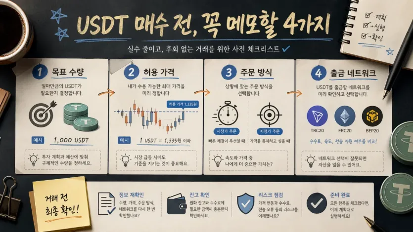 매수 전에 목표 수량, 허용 가격, 주문 방식, 출금 네트워크를 메모하는 체크보드 이미지