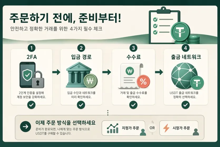 주문 전에 2FA, 입금 경로, 수수료, 출금 네트워크를 먼저 확인하는 준비 흐름 이미지
